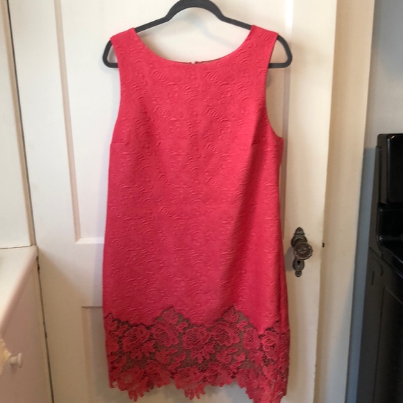 NWT Ella Lace Sheath Dress, cut flower detailing, bright coral color - Picture 2 of 11